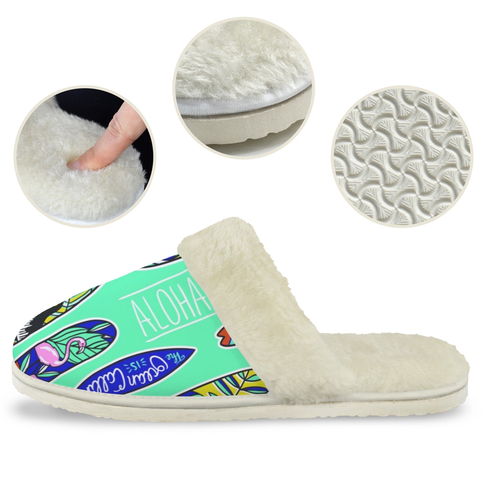 Aloha Surfboards Women's Fur Trim Thick-Sole Indoor Slippers Women's Fur Trimmed Slippers Printed Offshore Surf