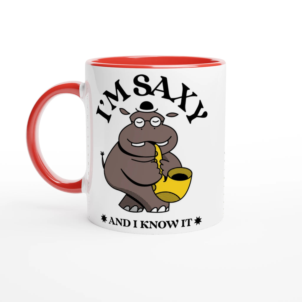 I'm Saxy And I Know It, Saxophone Hippo - White 11oz Ceramic Mug with Colour Inside Ceramic Red Colour 11oz Mug animal Globally Fulfilled Music