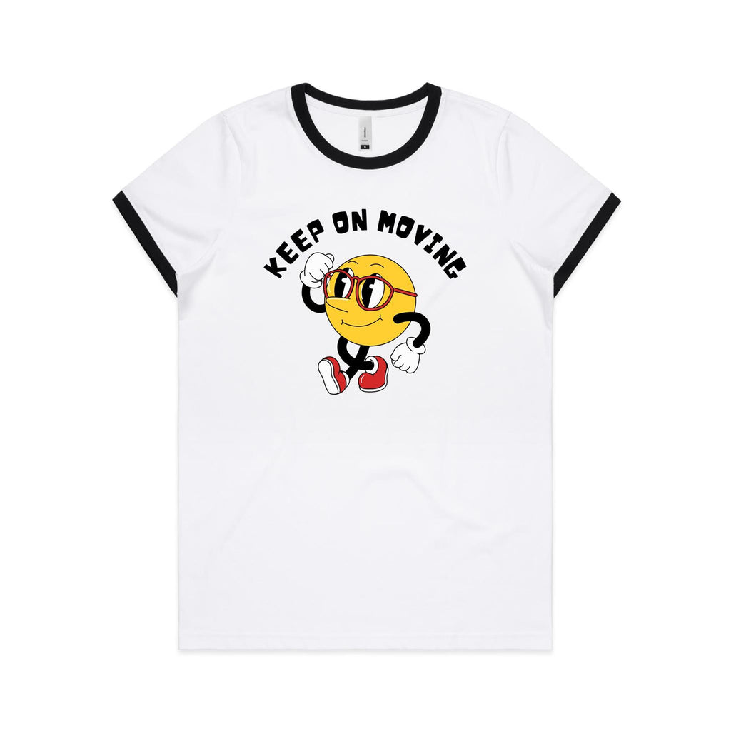 Keep On Moving - Women's Ringer Tee White Black Womens Ringer T-shirt Positivity Printed In Australia
