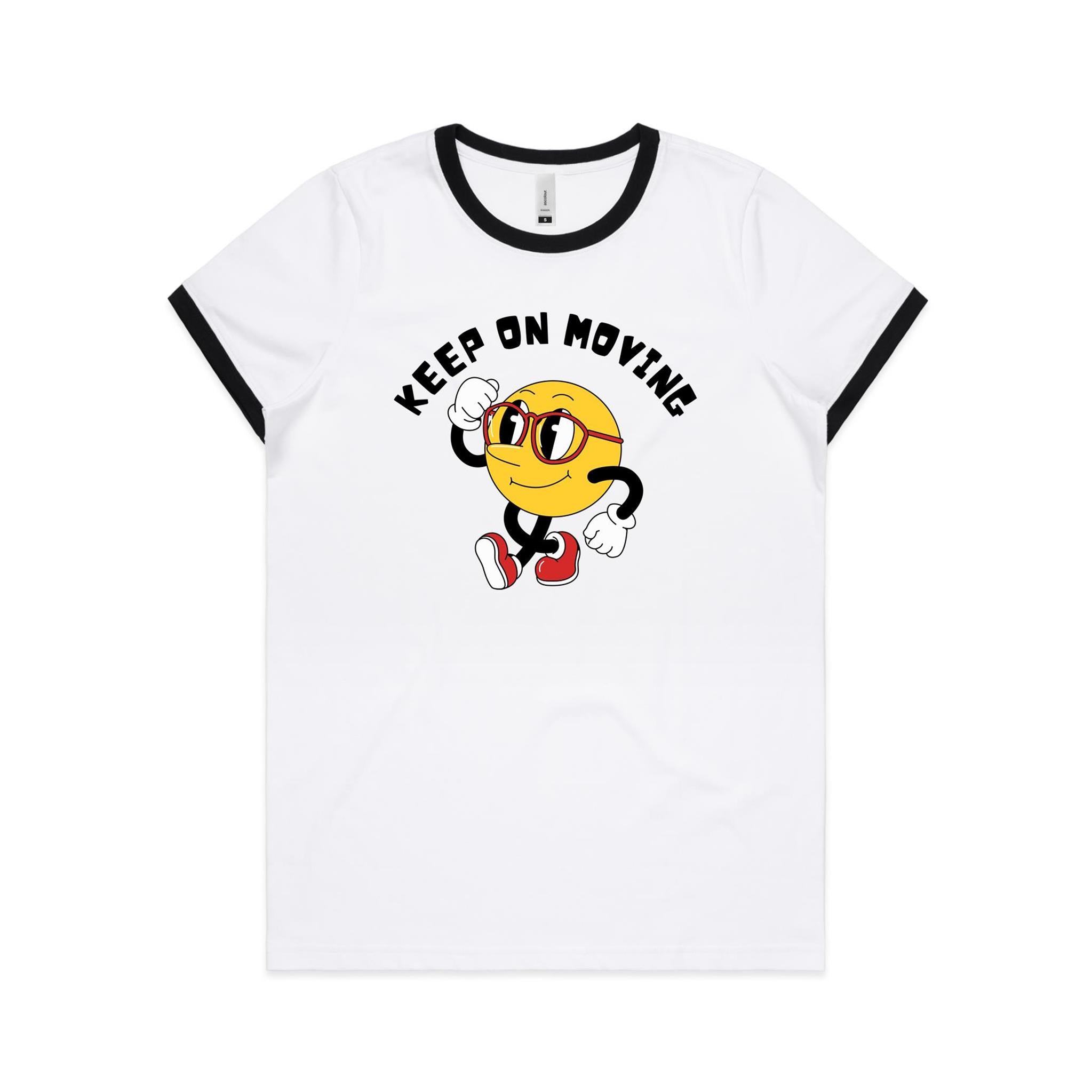 Keep On Moving - Women's Ringer Tee White Black Womens Ringer T-shirt Positivity Printed In Australia