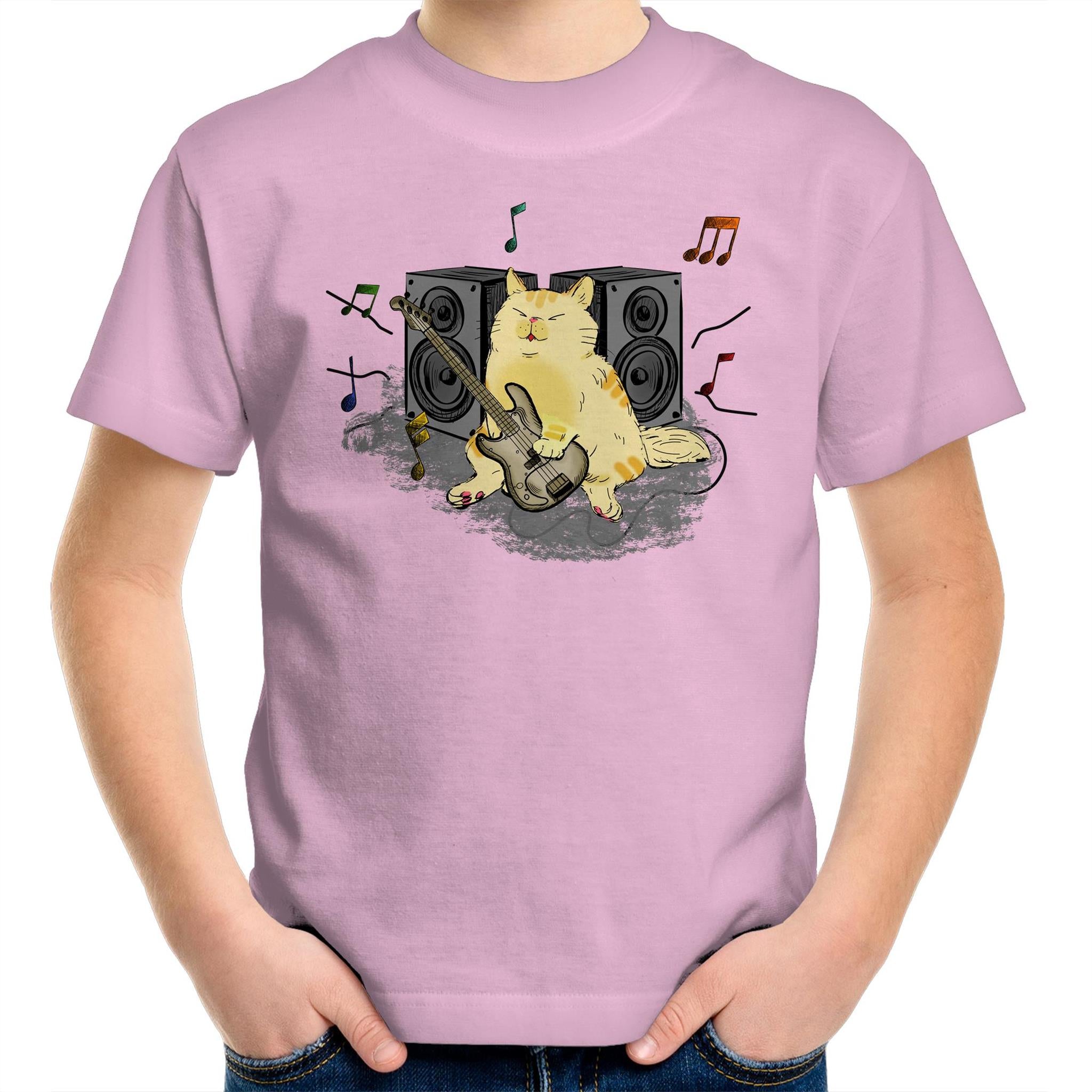 Cat Bass Player - Kids Youth T-Shirt Pink Kids Youth T-shirt animal Music Printed In Australia