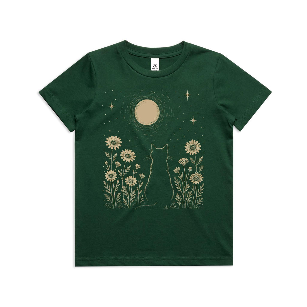 Whimsical Cat And Moon Kid's AS Colour T-shirt Forest Green Kids Youth T-shirt animal Printed In Australia