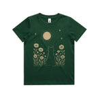 Whimsical Cat And Moon Kid's AS Colour T-shirt Forest Green Kids Youth T-shirt animal Printed In Australia