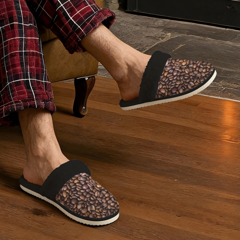 Coffee Beans Men's Fur Trim Thick-Sole Indoor Slippers Men's Fur Trimmed Slippers Coffee Printed Offshore