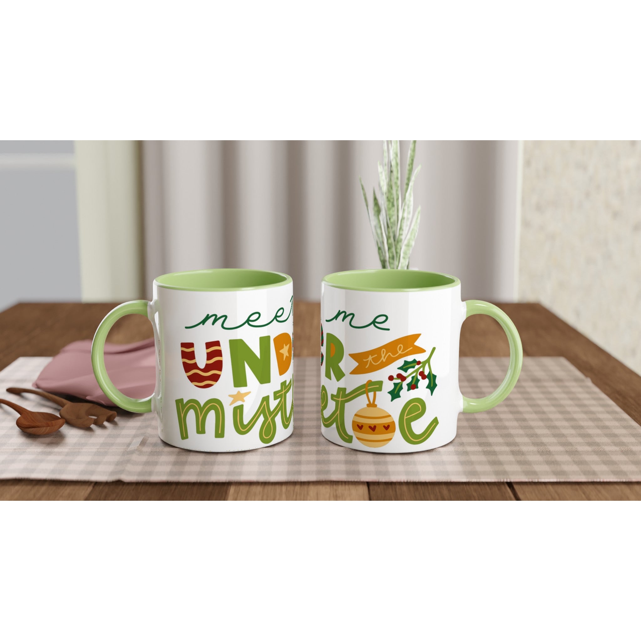 Meet Me Under The Mistletoe - White 11oz Ceramic Mug with Colour Inside Ceramic Green Christmas Colour Mug Christmas Globally Fulfilled