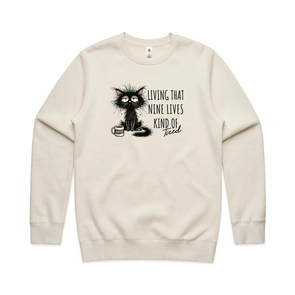 Living That Nine Lives Kind Of Tired, Frazzled Cat - AS Colour Stencil Crew Sweatshirt Ecru Sweatshirt animal Printed In Australia