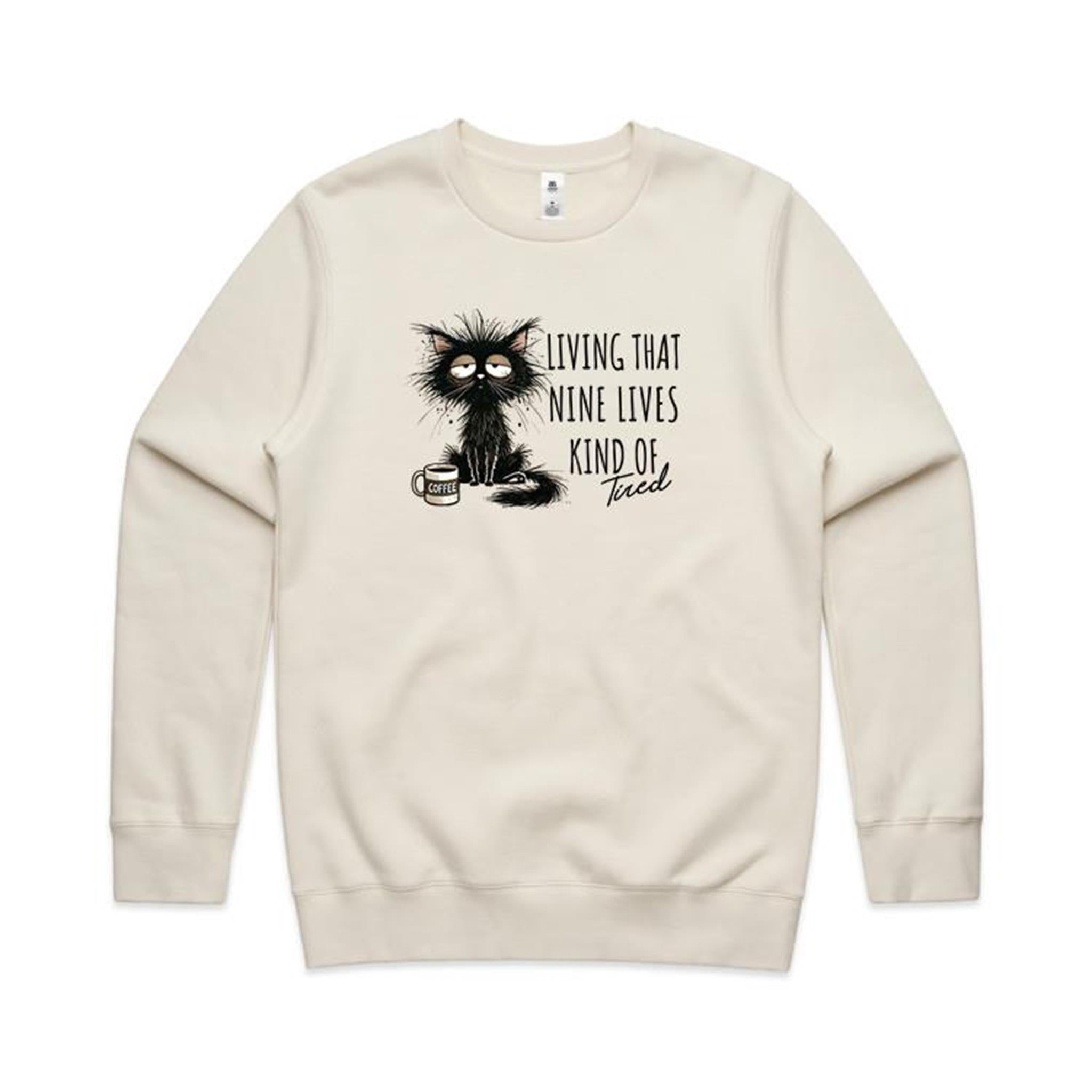 Living That Nine Lives Kind Of Tired, Frazzled Cat - AS Colour Stencil Crew Sweatshirt Ecru Sweatshirt animal Printed In Australia