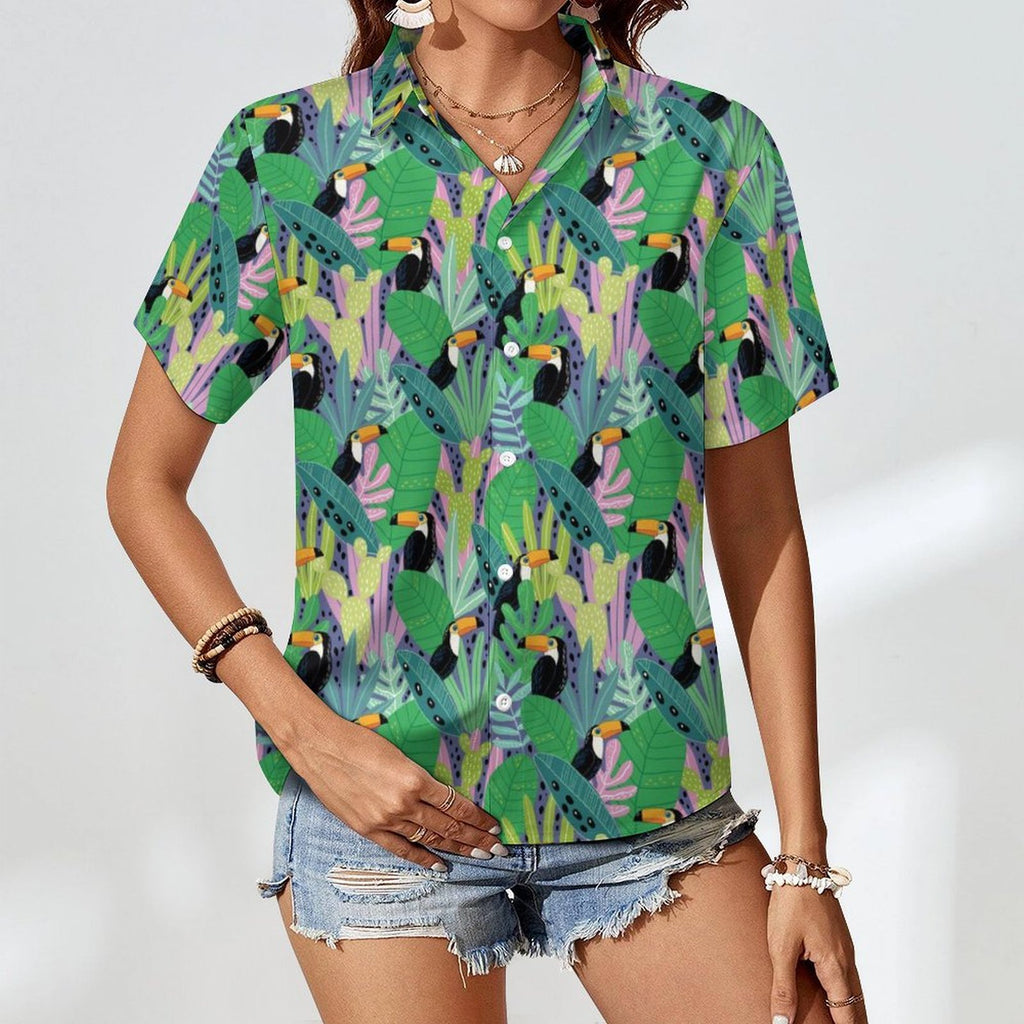 Bright Toucans Women's Collared Pocketless Short Sleeve Shirt