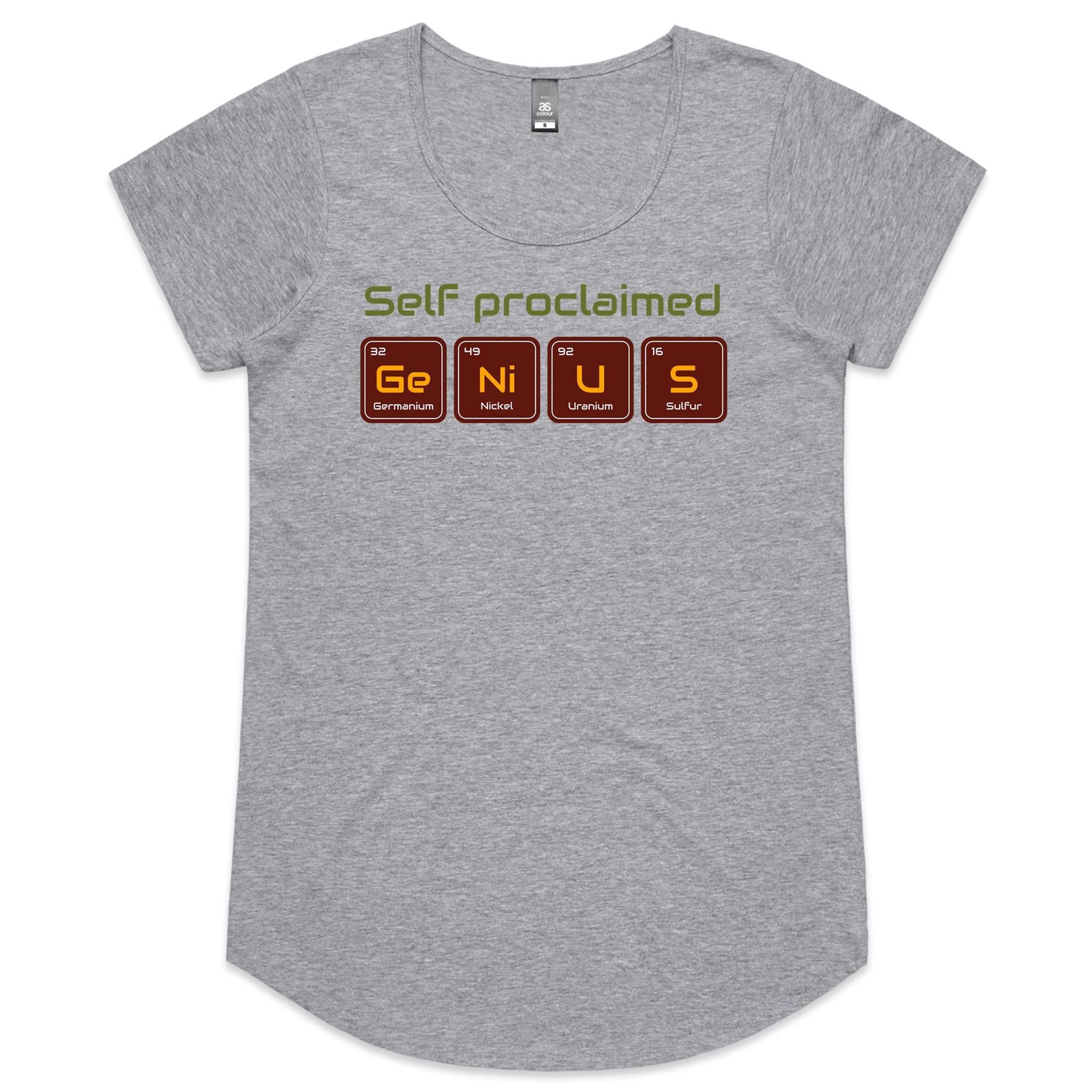 Self Proclaimed Genius, Periodic Table - Womens Scoop Neck T-Shirt Grey Marle Womens Scoop Neck T-shirt Printed In Australia Science