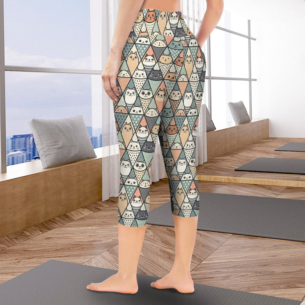 Diamond Cat Pattern Women's High Waist Pocket Capri Yoga Leggings Women's High Waist Capri Yoga Leggings animal Printed Offshore