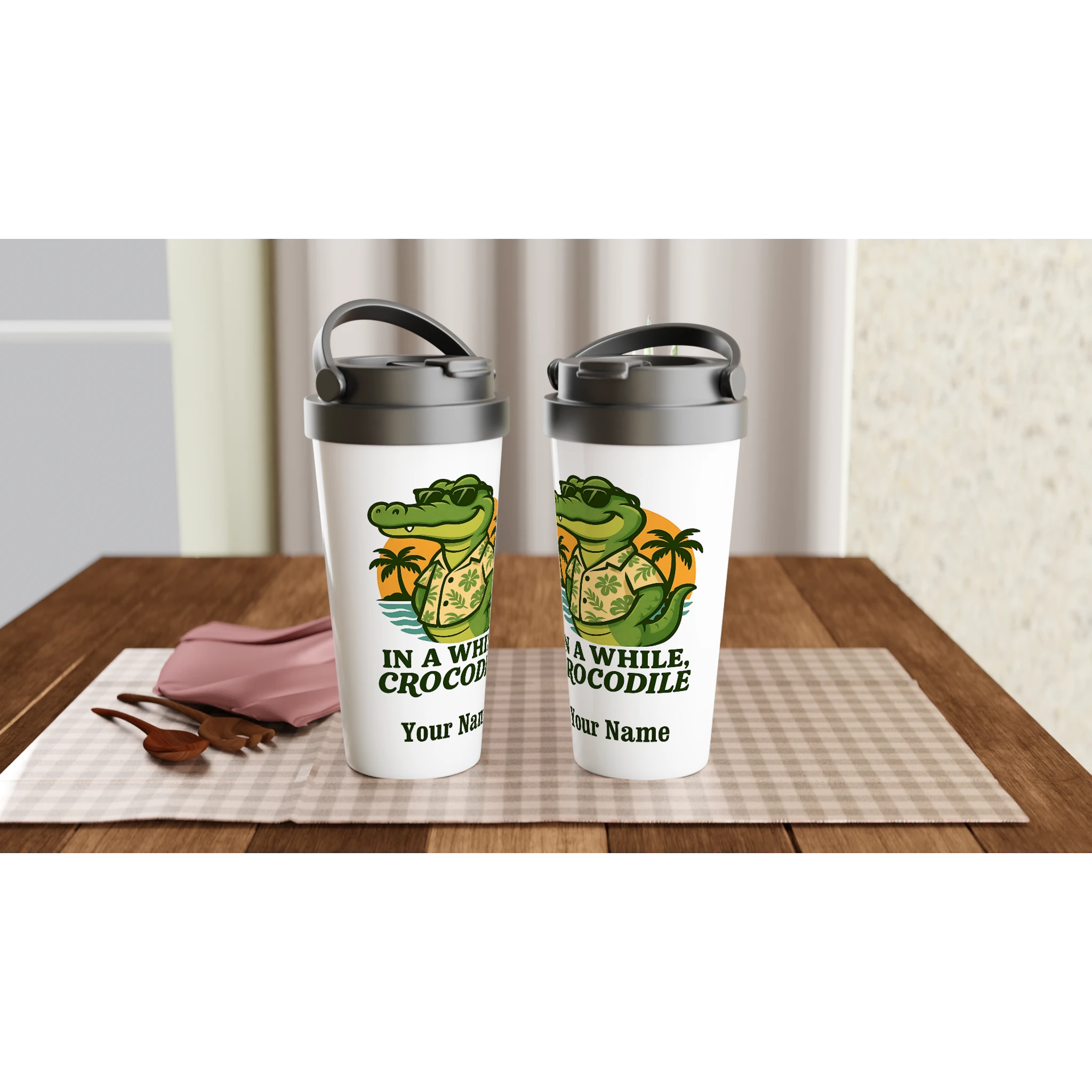 Personalised In A While, Crocodile White 15oz Stainless Steel Travel Mug Personalised Travel Mug animal Globally Fulfilled