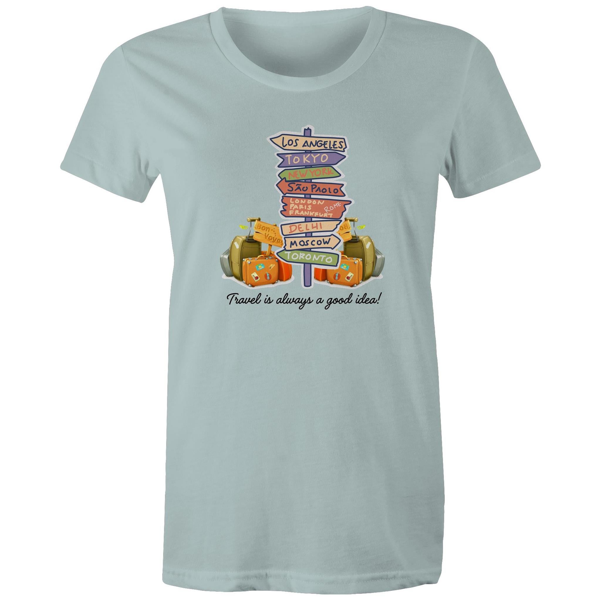 Travel Is Always A Good Idea - Womens T-shirt Pale Blue Womens T-shirt Printed In Australia
