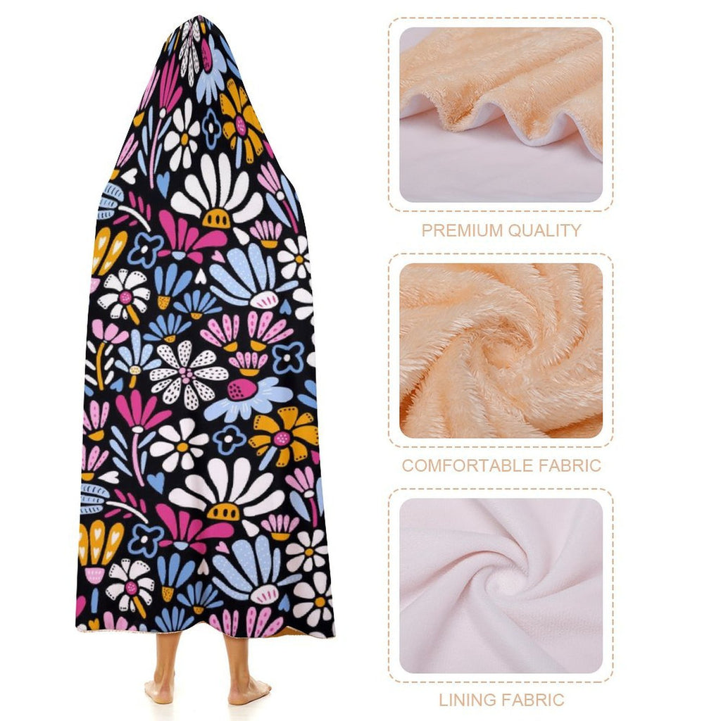 Graphic Flowers On Black Kids Hooded Blanket 100cm x 130cm Kids Hooded Blanket Plants Printed Offshore