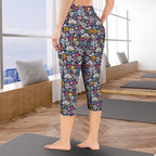 Graphic Flowers On Black Women's High Waist Pocket Capri Yoga Leggings Women's High Waist Capri Yoga Leggings Plants Printed Offshore