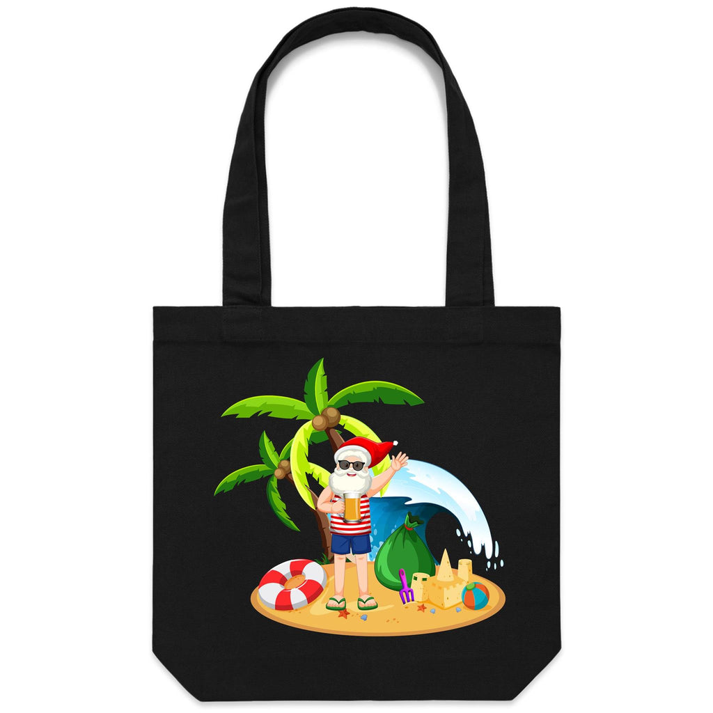Summer, Surf, Beach Santa - Canvas Tote Bag Black One Size Christmas Tote Bag Christmas Printed In Australia