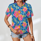 Pink And Blue Tropical Women's Collared Pocketless Short Sleeve Shirt
