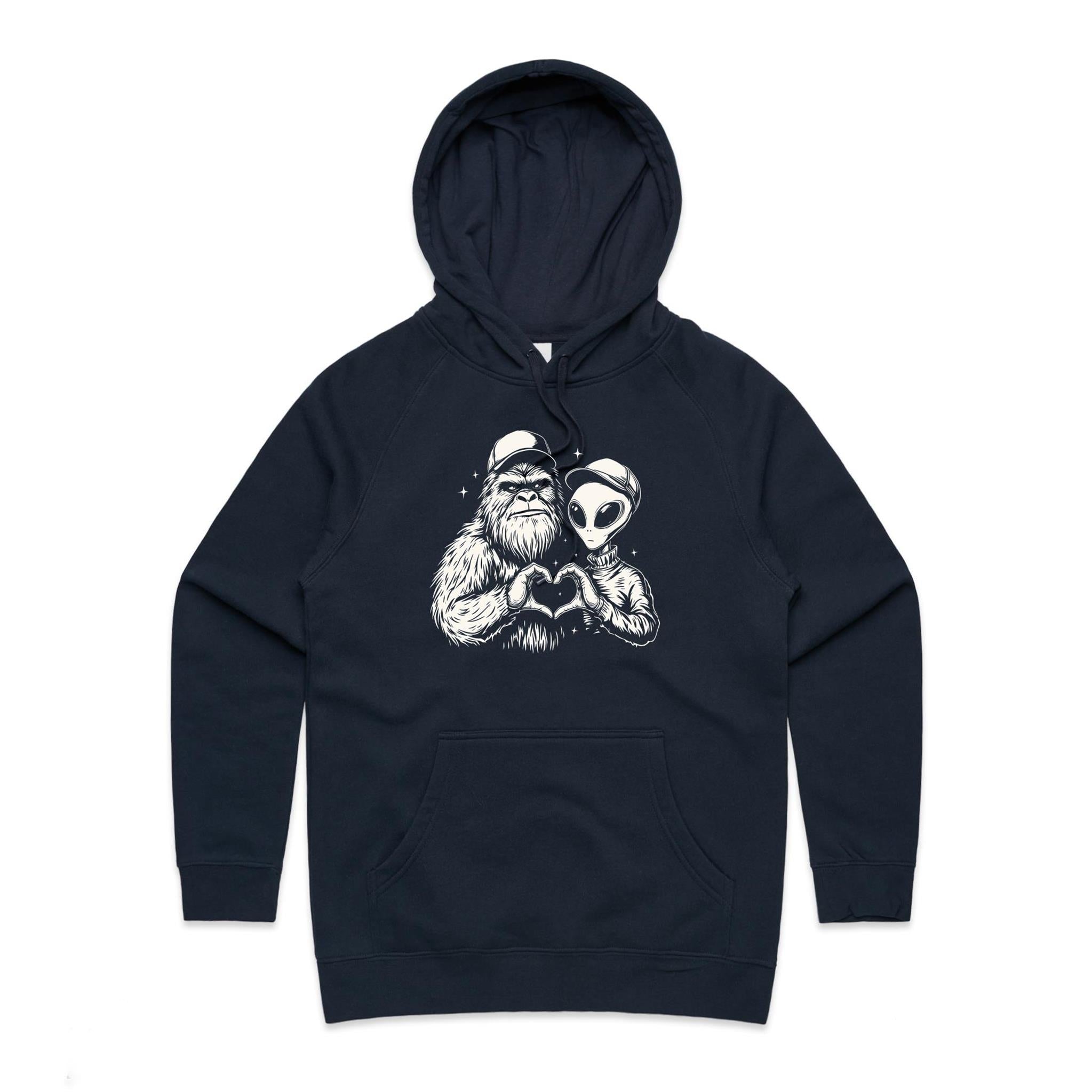 Alien Bigfoot Heart Hands - Womens Hoodie Navy Womens Hoodie Love Printed In Australia Sci Fi
