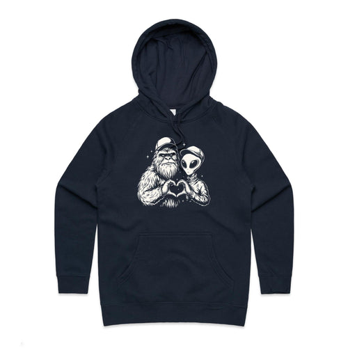 Alien Bigfoot Heart Hands - Womens Hoodie Navy Womens Hoodie Love Printed In Australia Sci Fi
