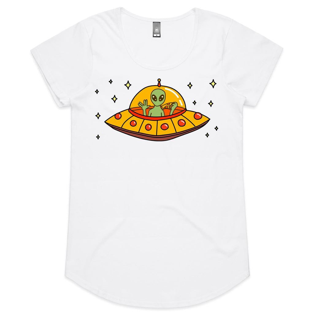 Alien Pizza, UFO - Womens Scoop Neck T-Shirt White Womens Scoop Neck T-shirt Food Printed In Australia Sci Fi