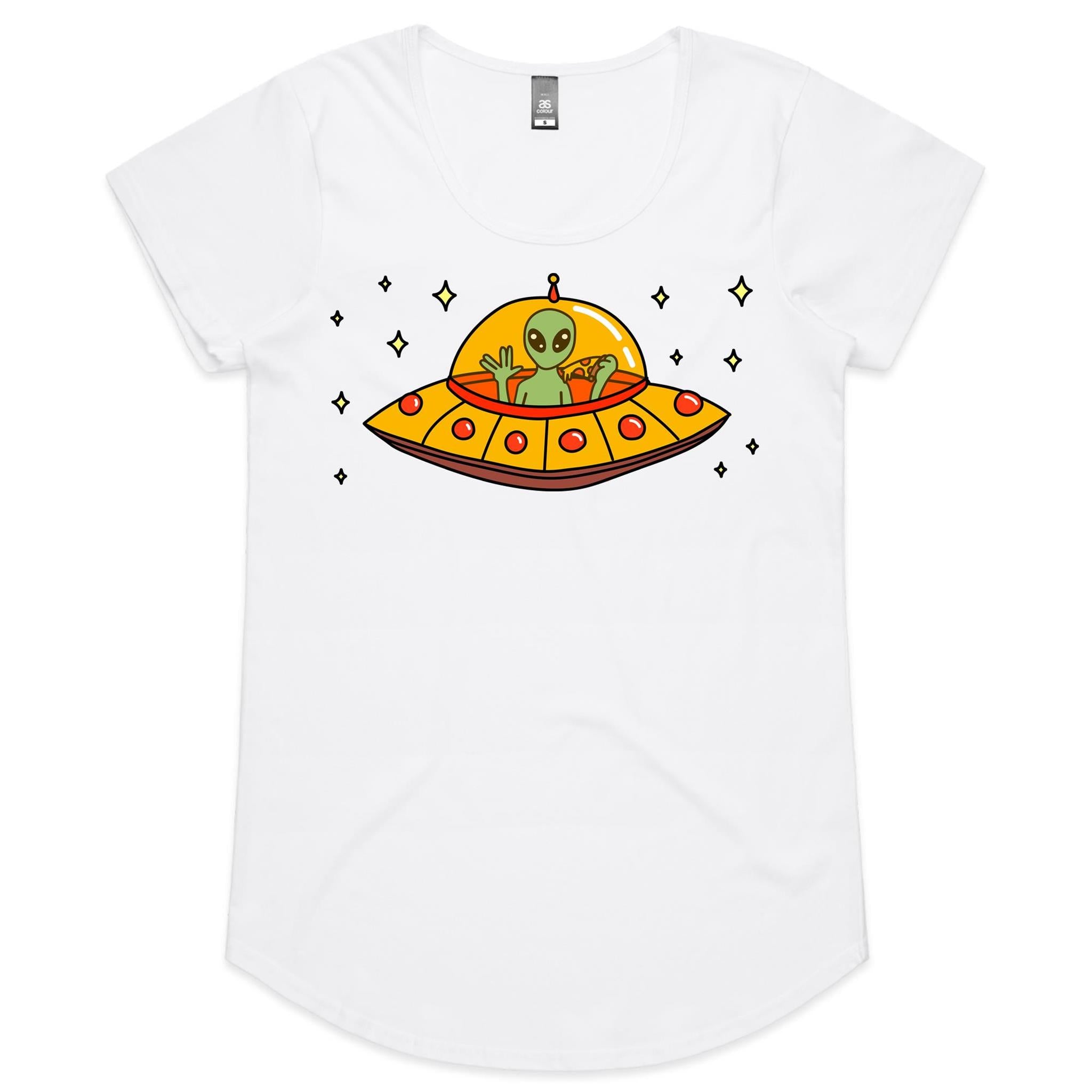 Alien Pizza, UFO - Womens Scoop Neck T-Shirt White Womens Scoop Neck T-shirt Food Printed In Australia Sci Fi
