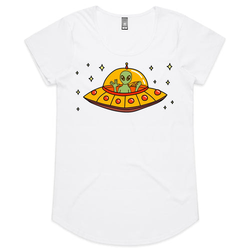 Alien Pizza, UFO - Womens Scoop Neck T-Shirt White Womens Scoop Neck T-shirt Food Printed In Australia Sci Fi