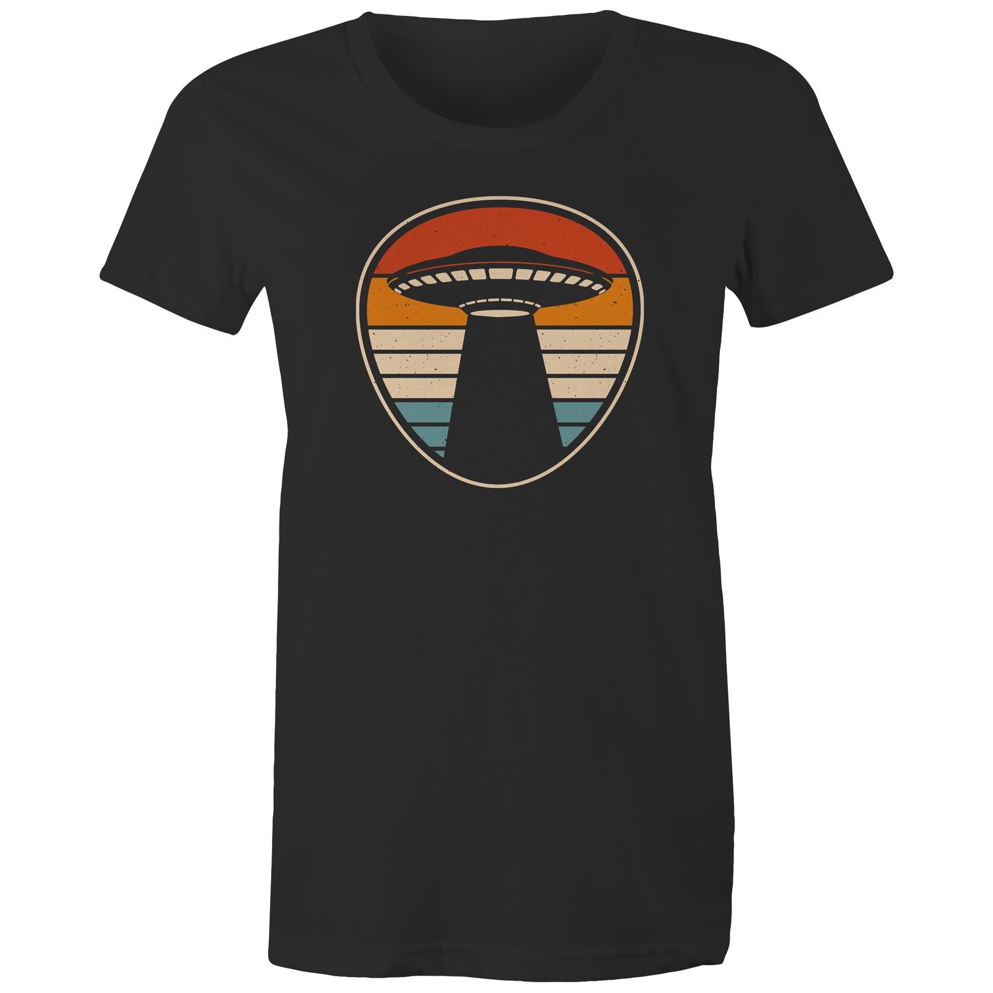 UFO, Retro Stripes - Womens T-shirt Black Womens T-shirt Printed In Australia