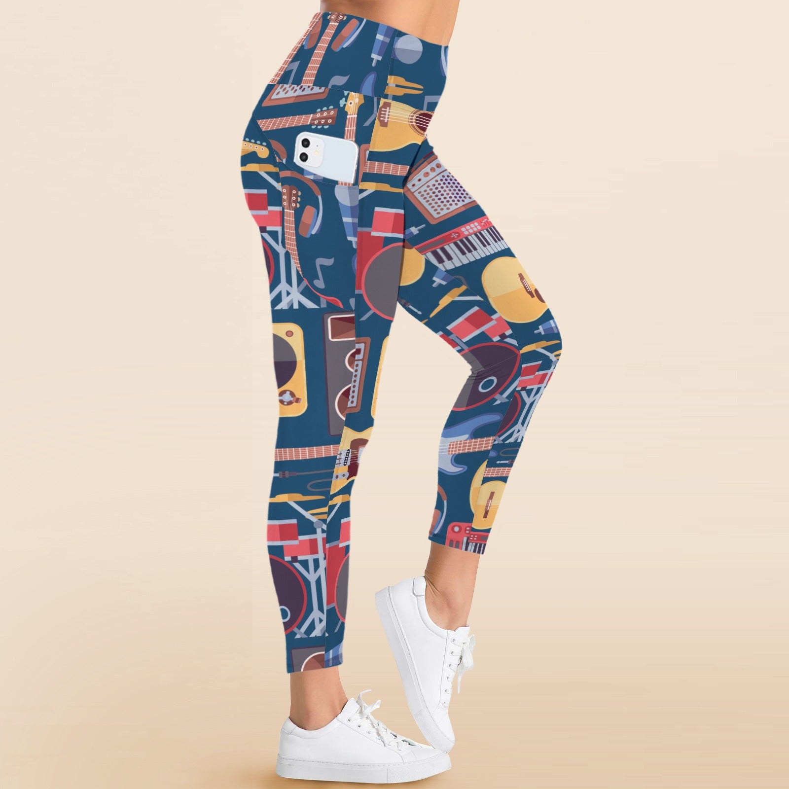 Music Instruments Blue - Women's High Waist Pockets Yoga Leggings