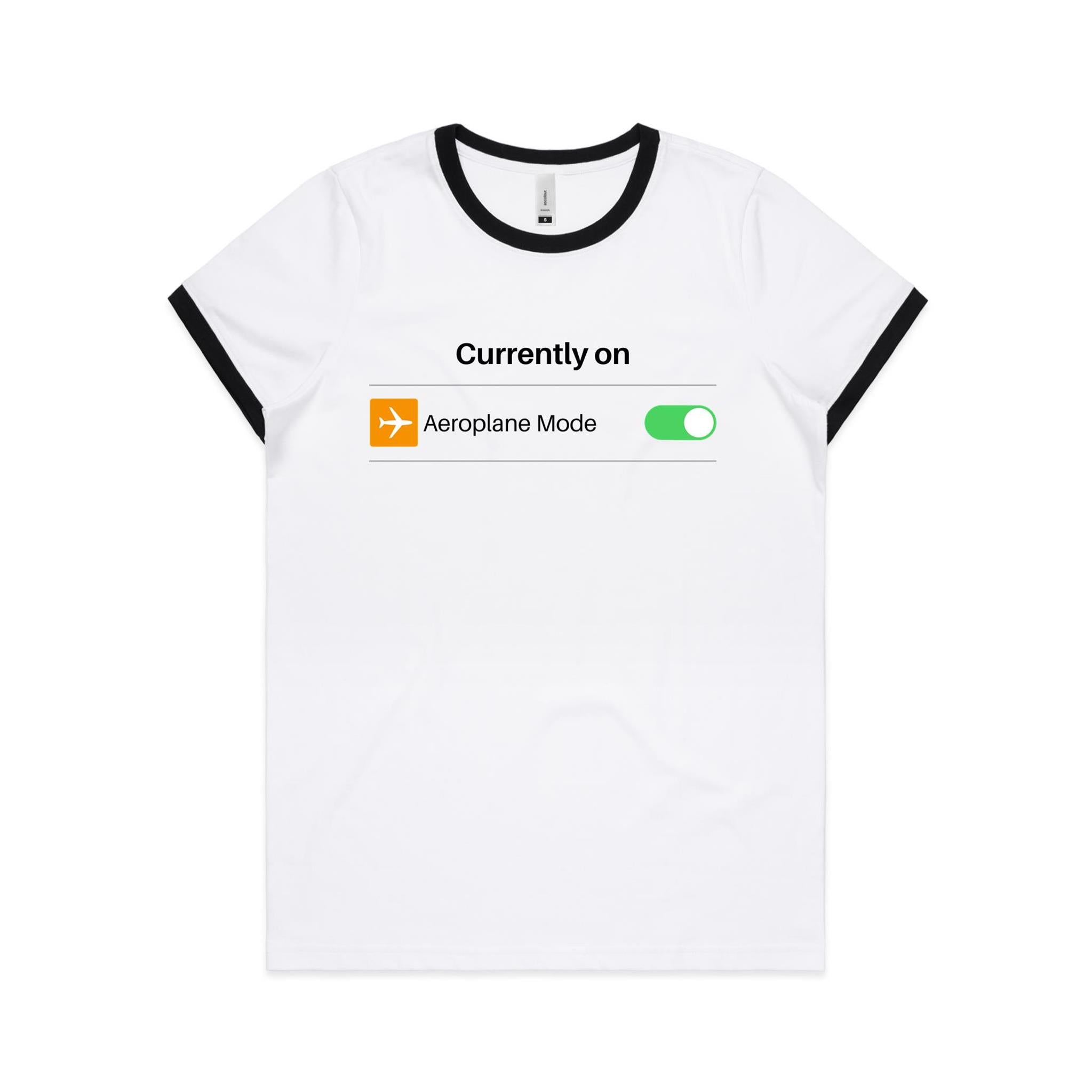 Currently On Aeroplane Mode - Women's Ringer Tee White Black Womens Ringer T-shirt Printed In Australia Tech