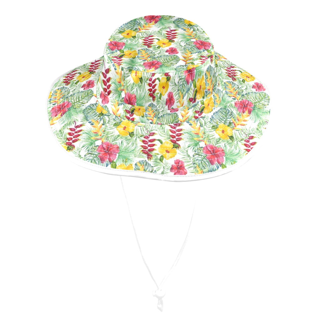Tropical Flowers On White Wide Brim Bucket Hat Wide Brim Bucket Hat Plants Printed Offshore