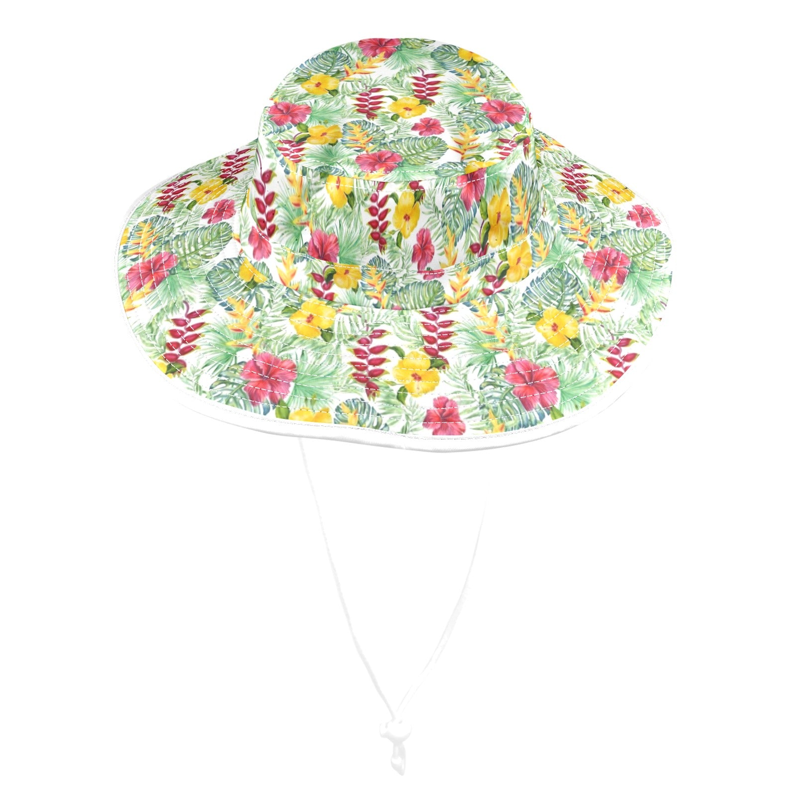 Tropical Flowers On White Wide Brim Bucket Hat Wide Brim Bucket Hat Plants Printed Offshore