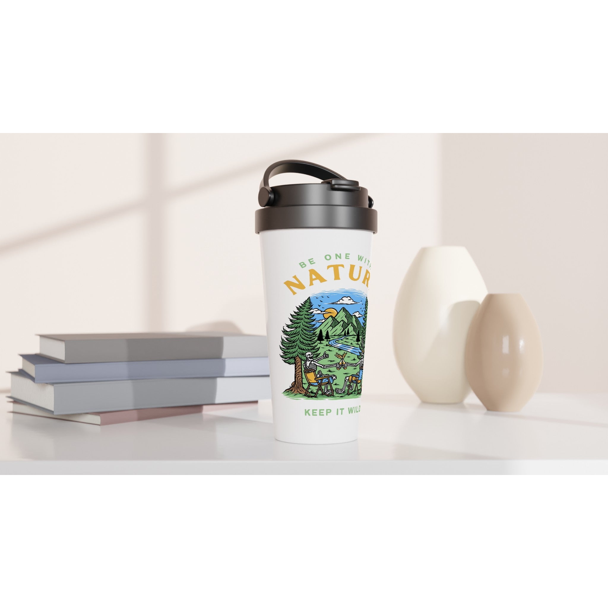 Be One With Nature, Skeleton - White 15oz Stainless Steel Travel Mug Travel Mug Globally Fulfilled Summer