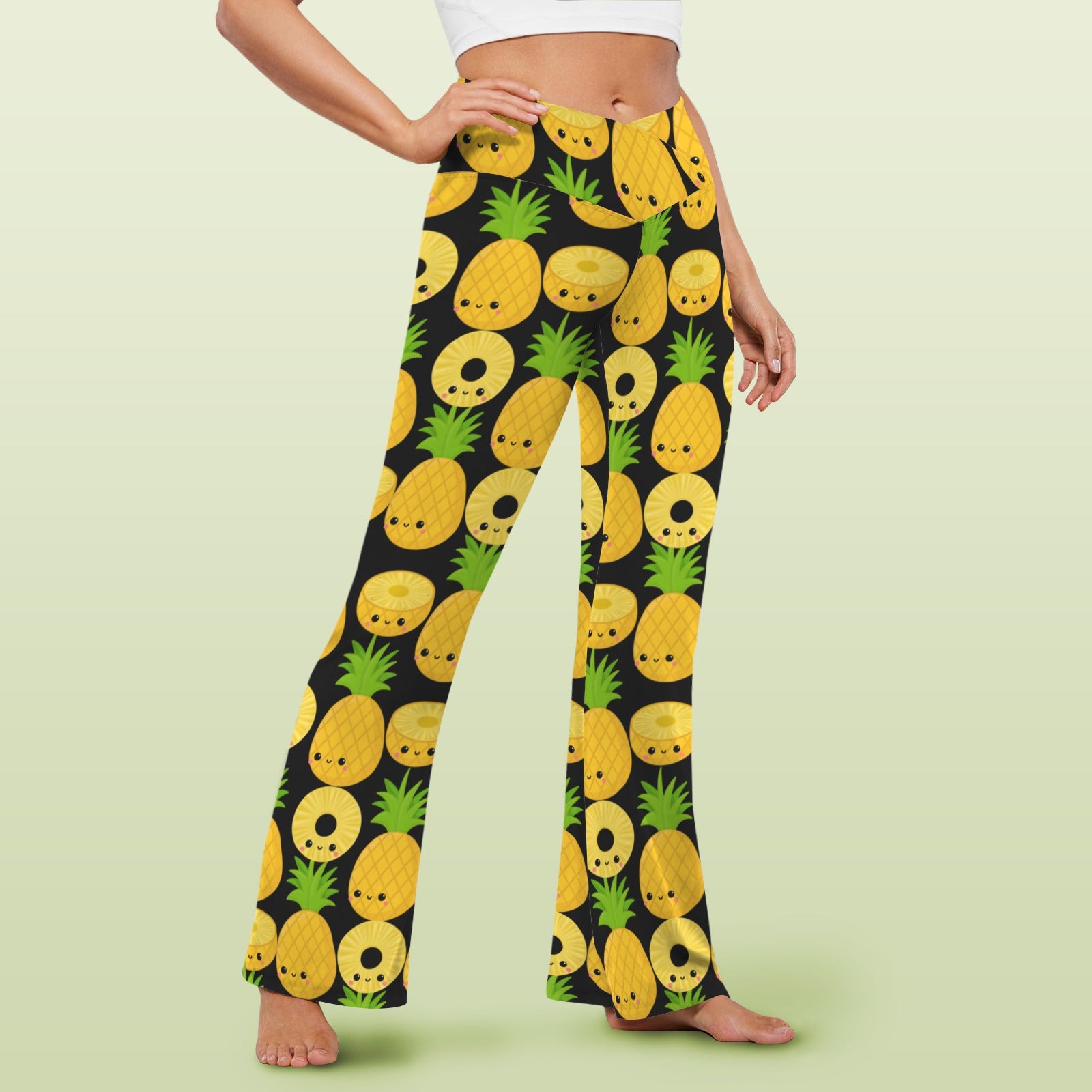 Happy Pineapples High Waist Crossover Tummy Control Flare Leggings High Waist Flare Leggings Food Printed Offshore