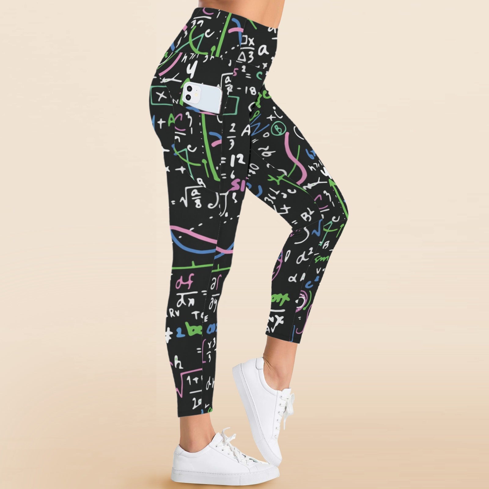 Equations In Green And Pink - Women's High Waist Pockets Yoga Leggings