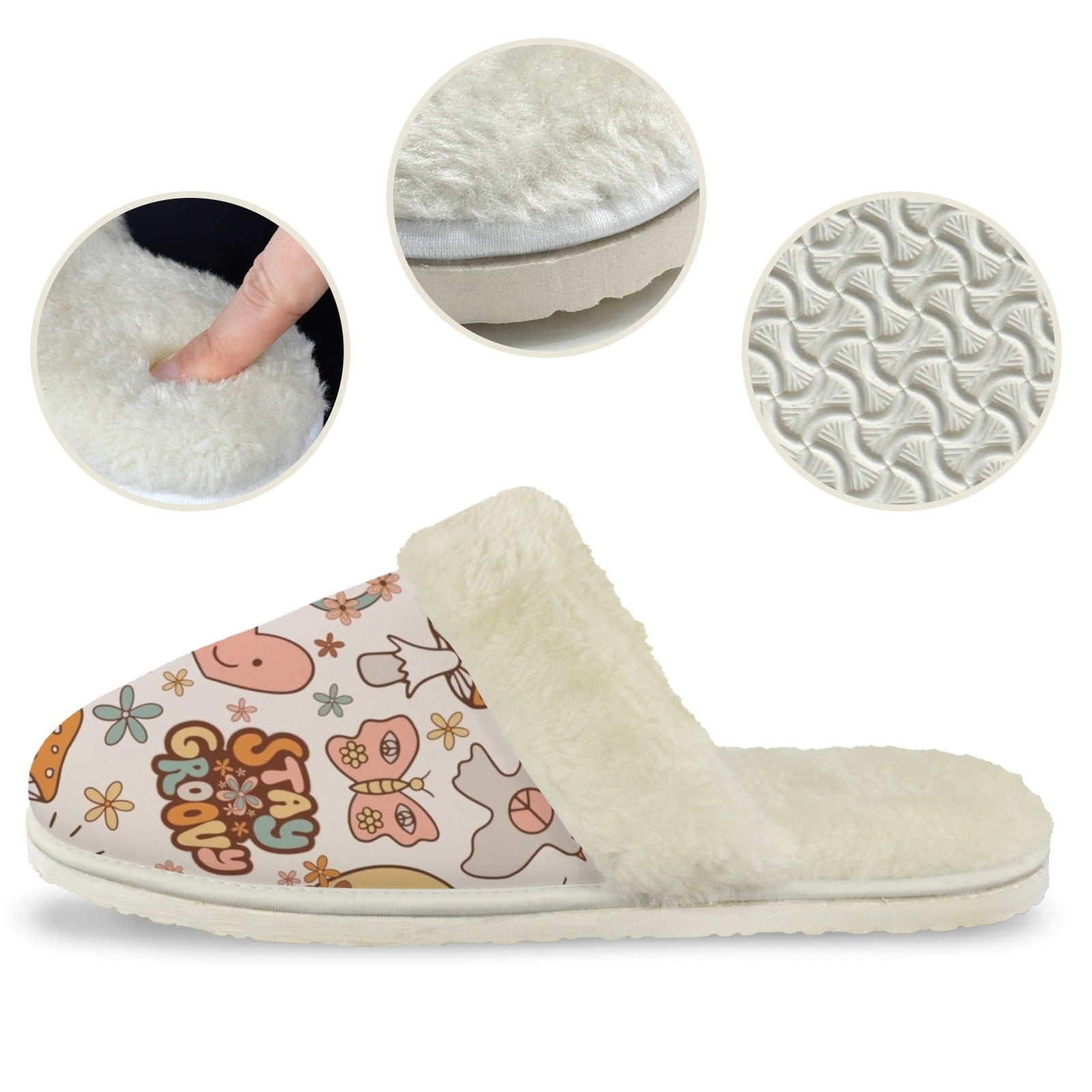 Peace And Love Women's Fur Trim Thick-Sole Indoor Slippers Women's Fur Trimmed Slippers Printed Offshore Retro