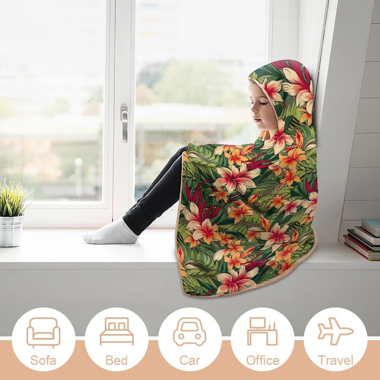 Vintage Hawaiian Floral Kids Hooded Blanket 100cm x 130cm Kids Hooded Blanket Plants Printed Offshore