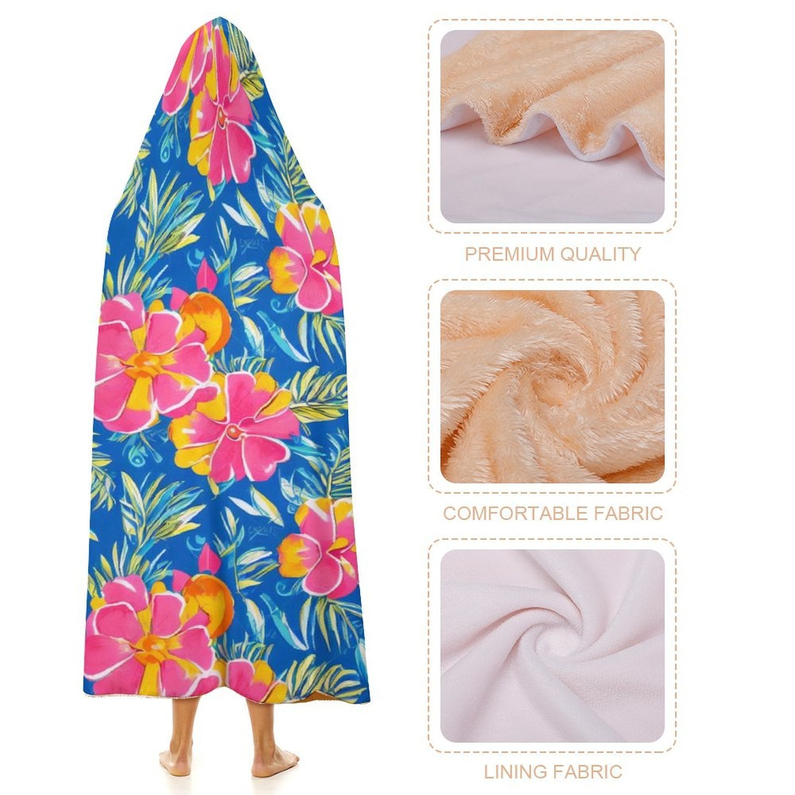 Tropical Flower in Blue And Pink Kids Hooded Blanket 100cm x 130cm Kids Hooded Blanket Plants Printed Offshore