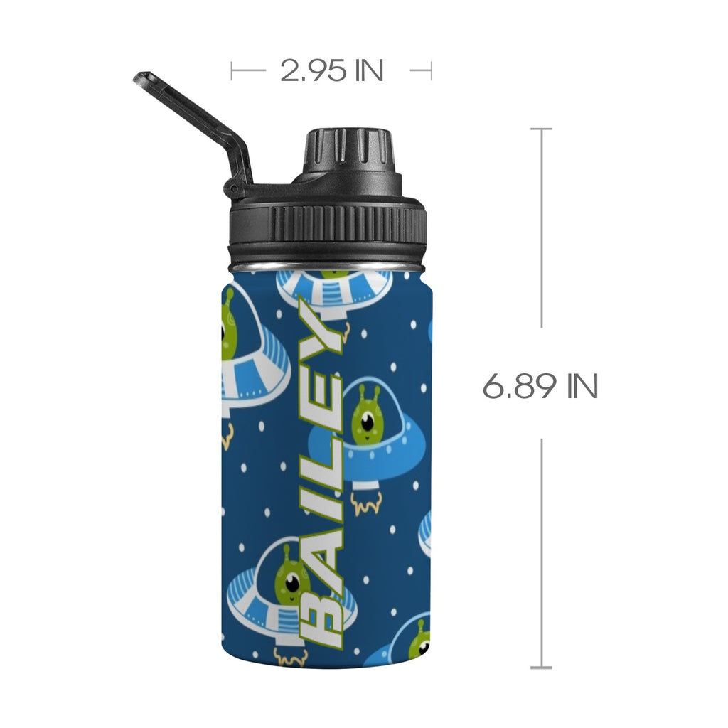 Personalised - Cute Aliens In UFO's - Kids Stainless Steel Water Bottle