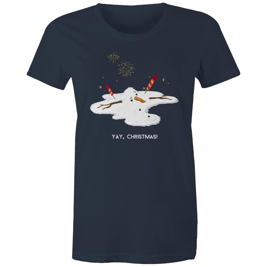 Melting Snowman, Yay Christmas - Womens T-shirt Navy Womens Christmas T-shirt Christmas Printed In Australia