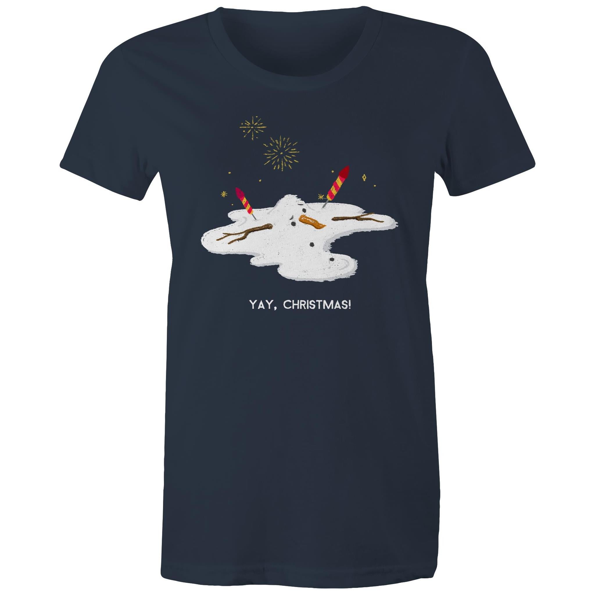 Melting Snowman, Yay Christmas - Womens T-shirt Navy Womens Christmas T-shirt Christmas Printed In Australia