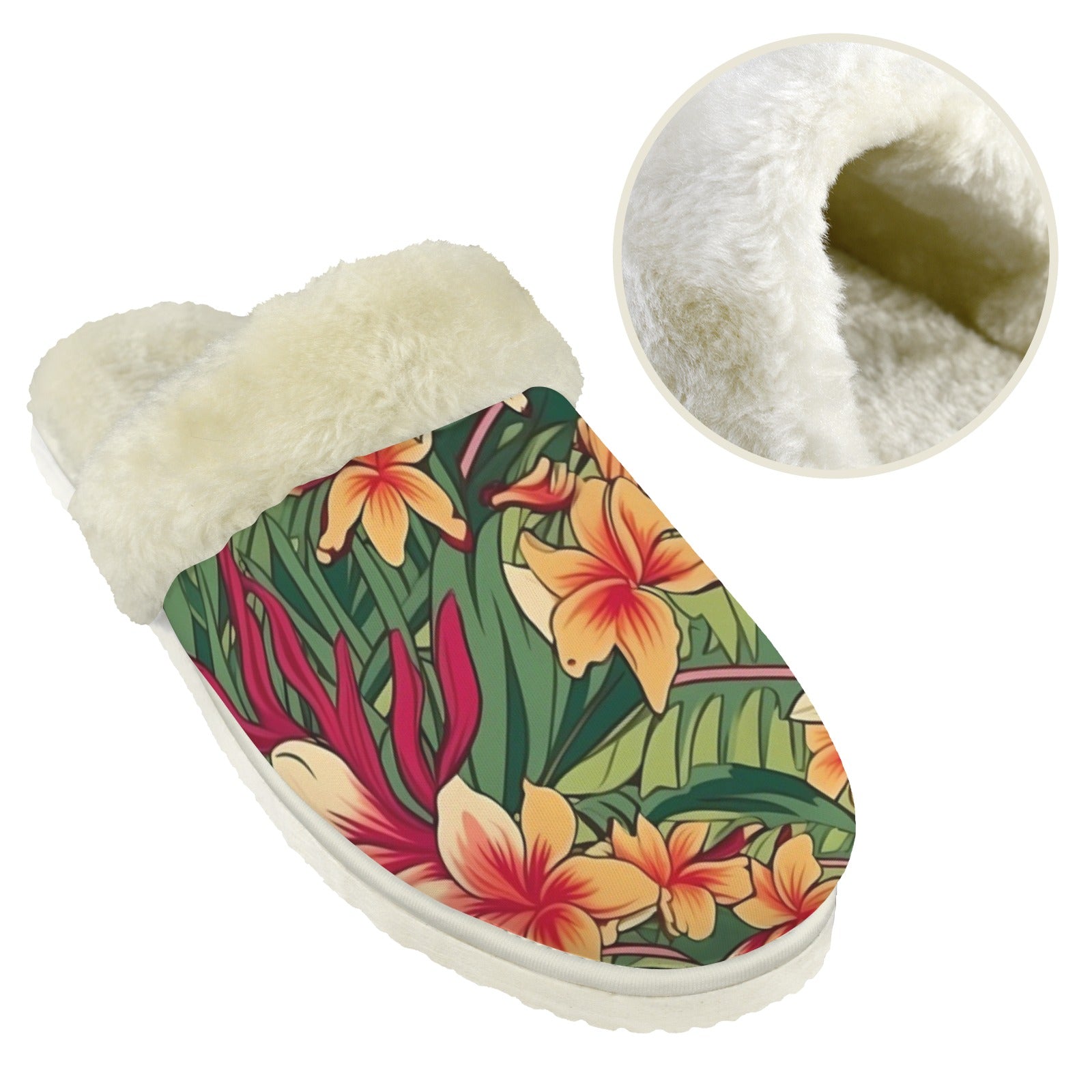 Vintage Hawaiian Floral Women's Fur Trim Thick-Sole Indoor Slippers Women's Fur Trimmed Slippers Plants Printed Offshore