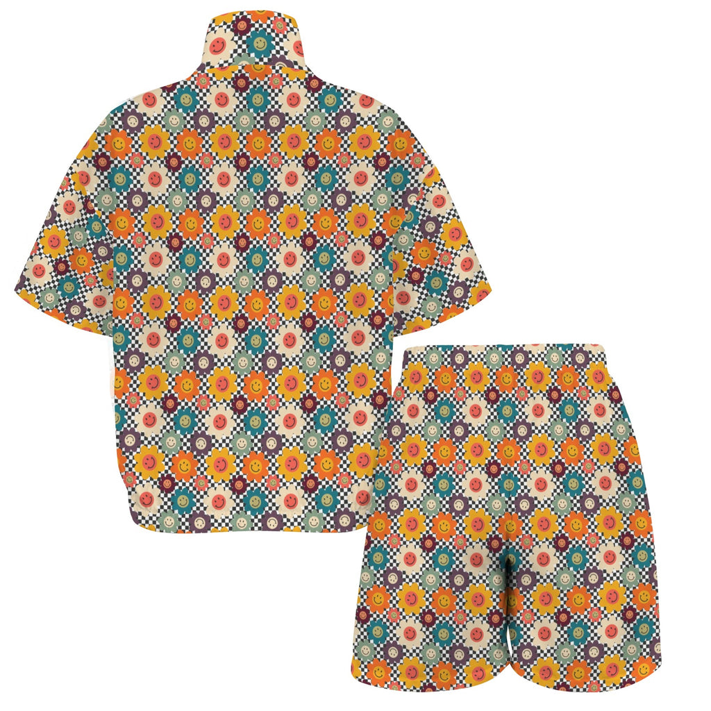 Happy Retro Flowers Women's Windbreaker Short Set Women's Windbreaker Short Set Printed Offshore Retro