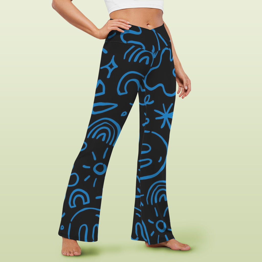 Blue Squiggle High Waist Crossover Tummy Control Flare Leggings High Waist Flare Leggings Printed Offshore