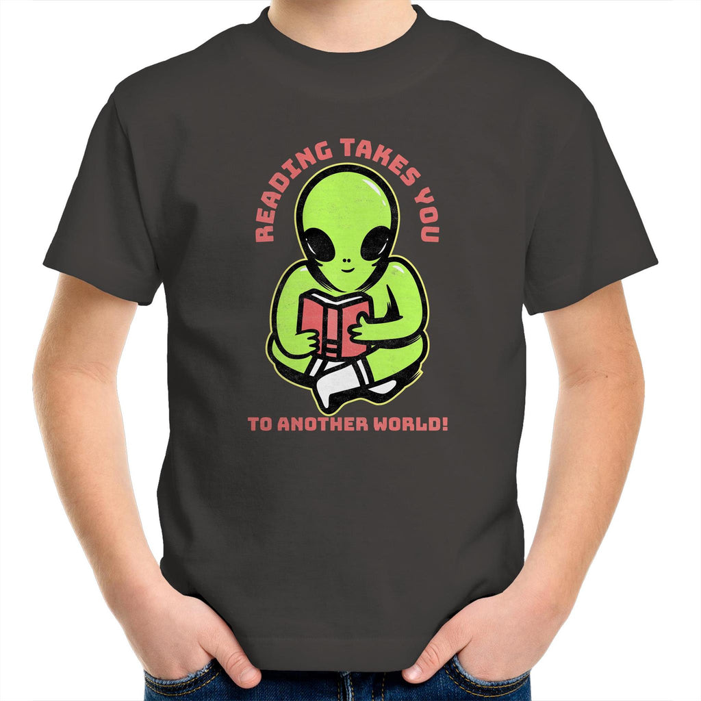 Reading Takes You To Another World, Alien - Kids Youth T-Shirt Charcoal Kids Youth T-shirt Printed In Australia Reading Sci Fi