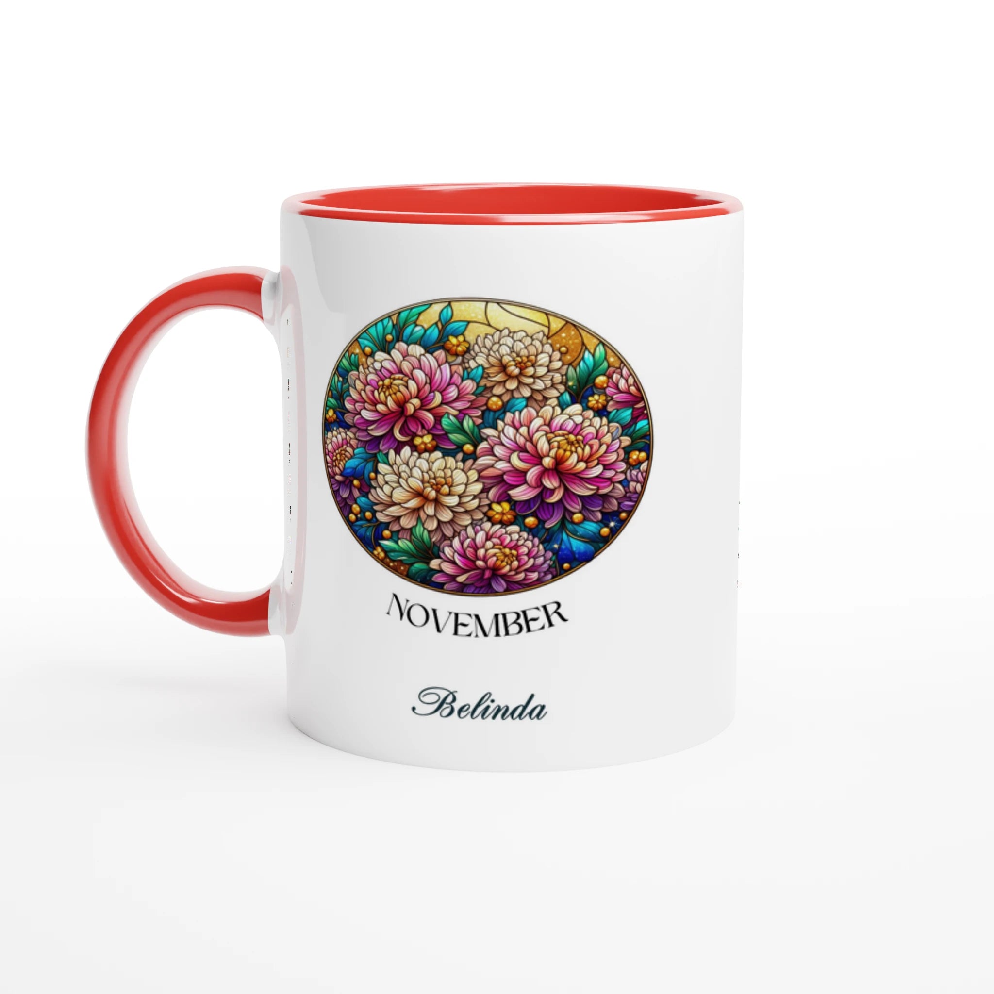 Stained Glass Birth Month Flowers - 11oz Ceramic Mug Ceramic Red Personalised 11oz Mug Birthday customise Globally Fulfilled Name personalise Plants
