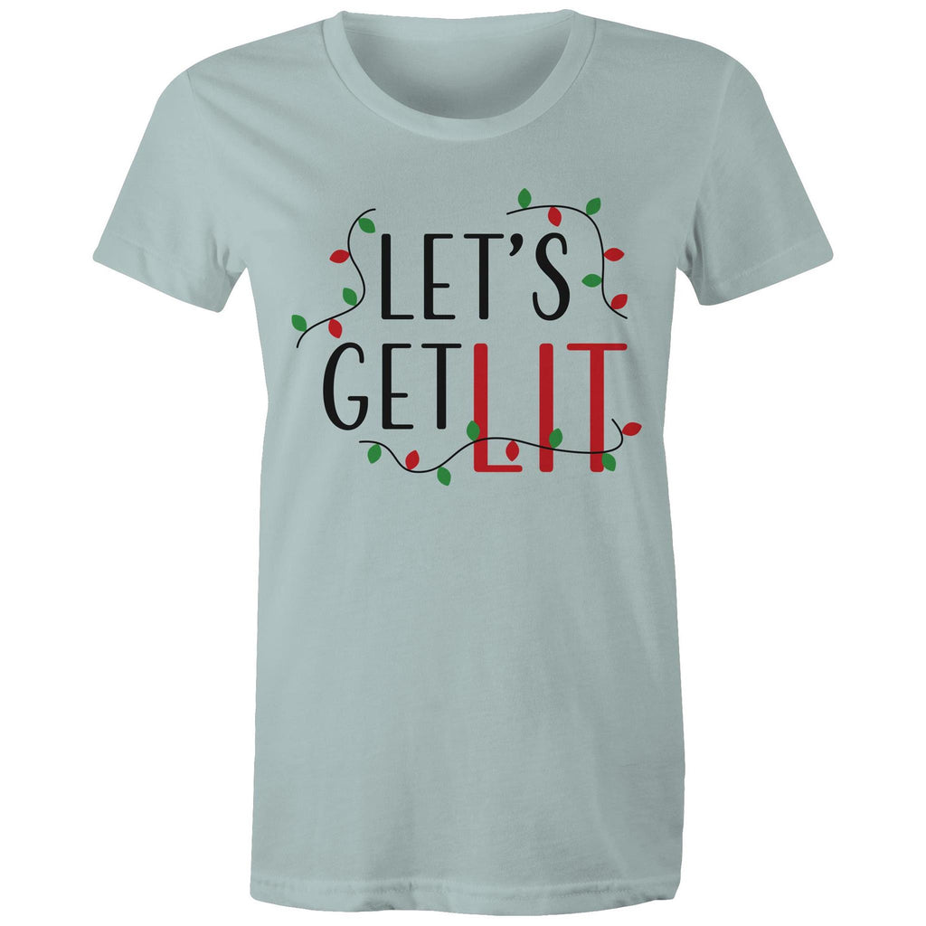 Let's Get Lit, Christmas Lights - Womens T-shirt Pale Blue Womens Christmas T-shirt Christmas Printed In Australia