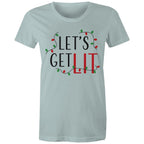 Let's Get Lit, Christmas Lights - Womens T-shirt Pale Blue Womens Christmas T-shirt Christmas Printed In Australia