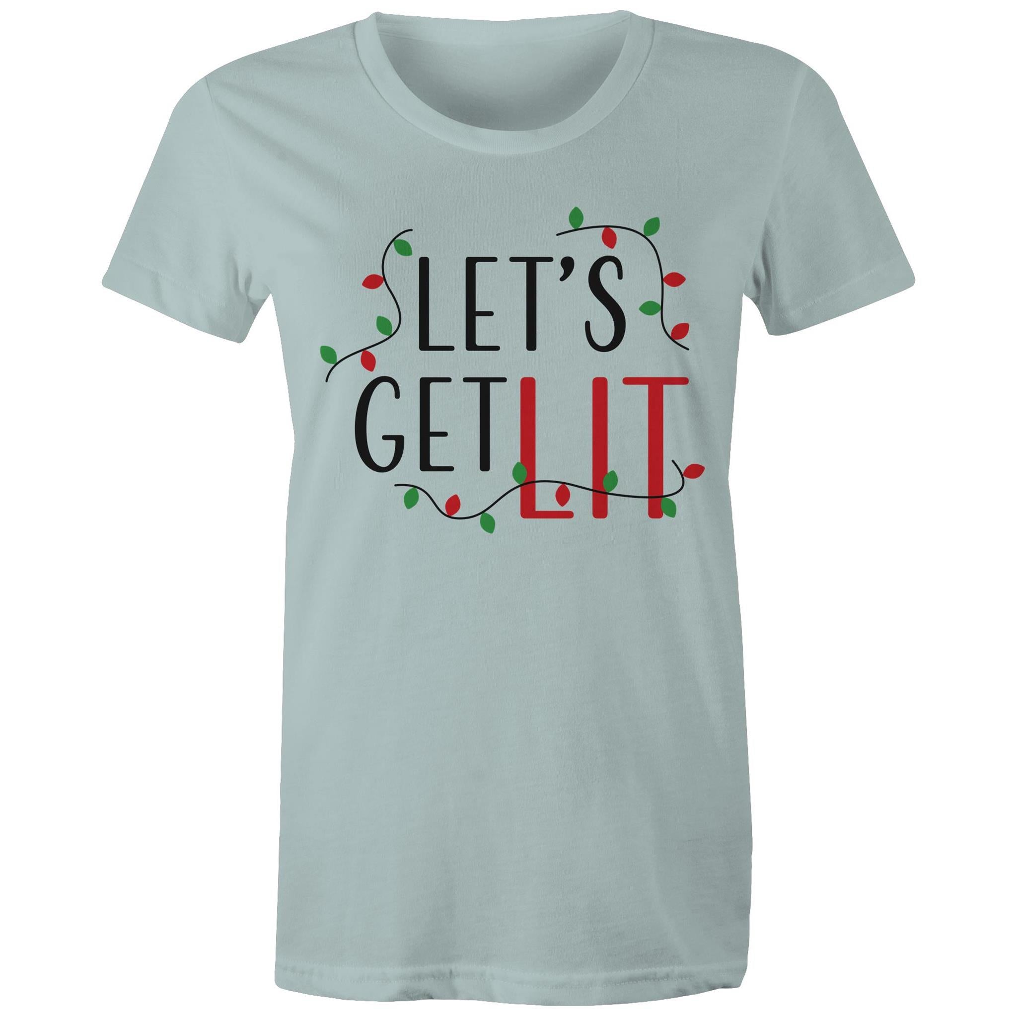 Let's Get Lit, Christmas Lights - Womens T-shirt Pale Blue Womens Christmas T-shirt Christmas Printed In Australia