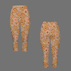 Orange Retro Floral Women's High Waist Pocket Capri Yoga Leggings
