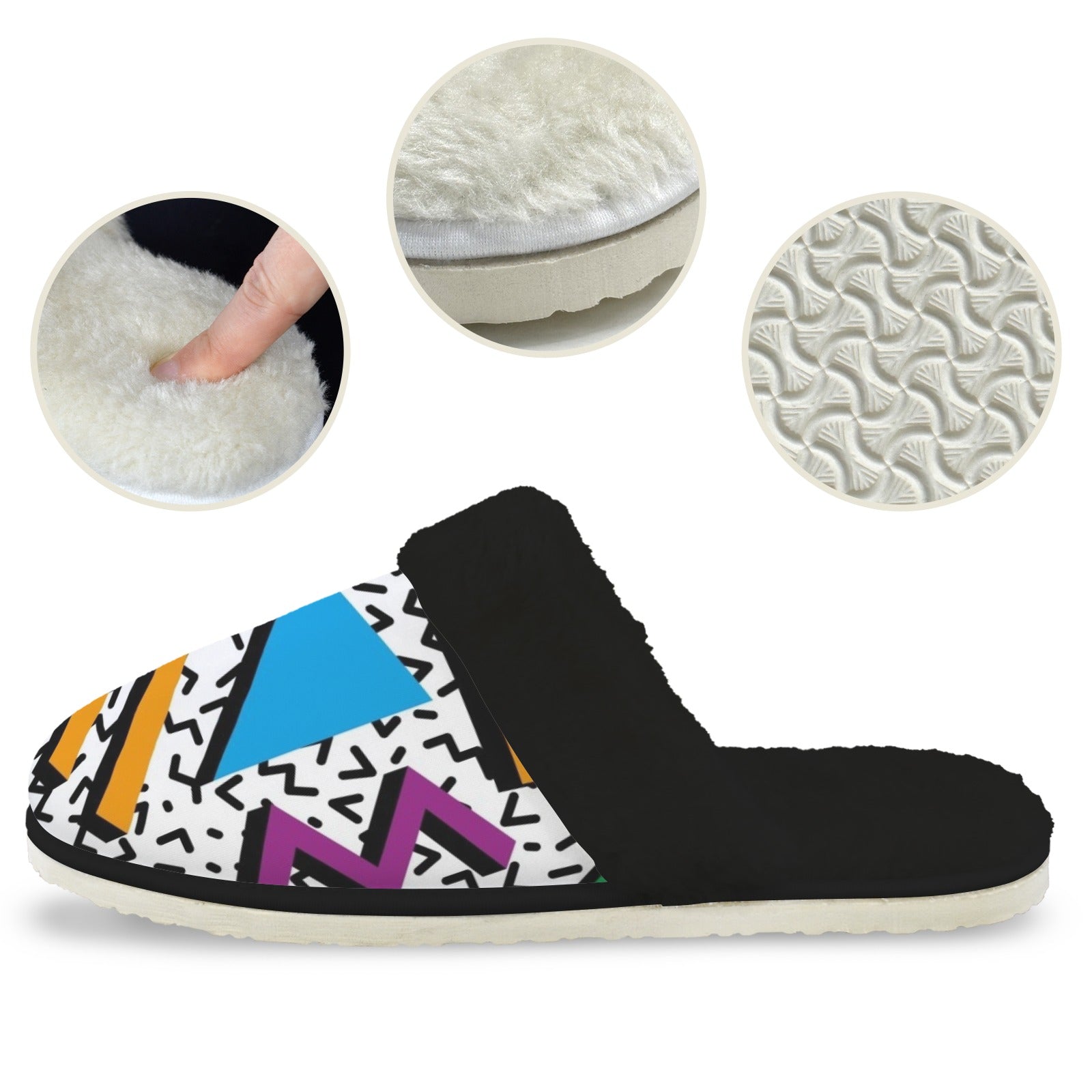 80's Abstract - Men's Fur Trim Thick-Sole Indoor Slippers Men's Fur Trimmed Slippers Printed Offshore Retro