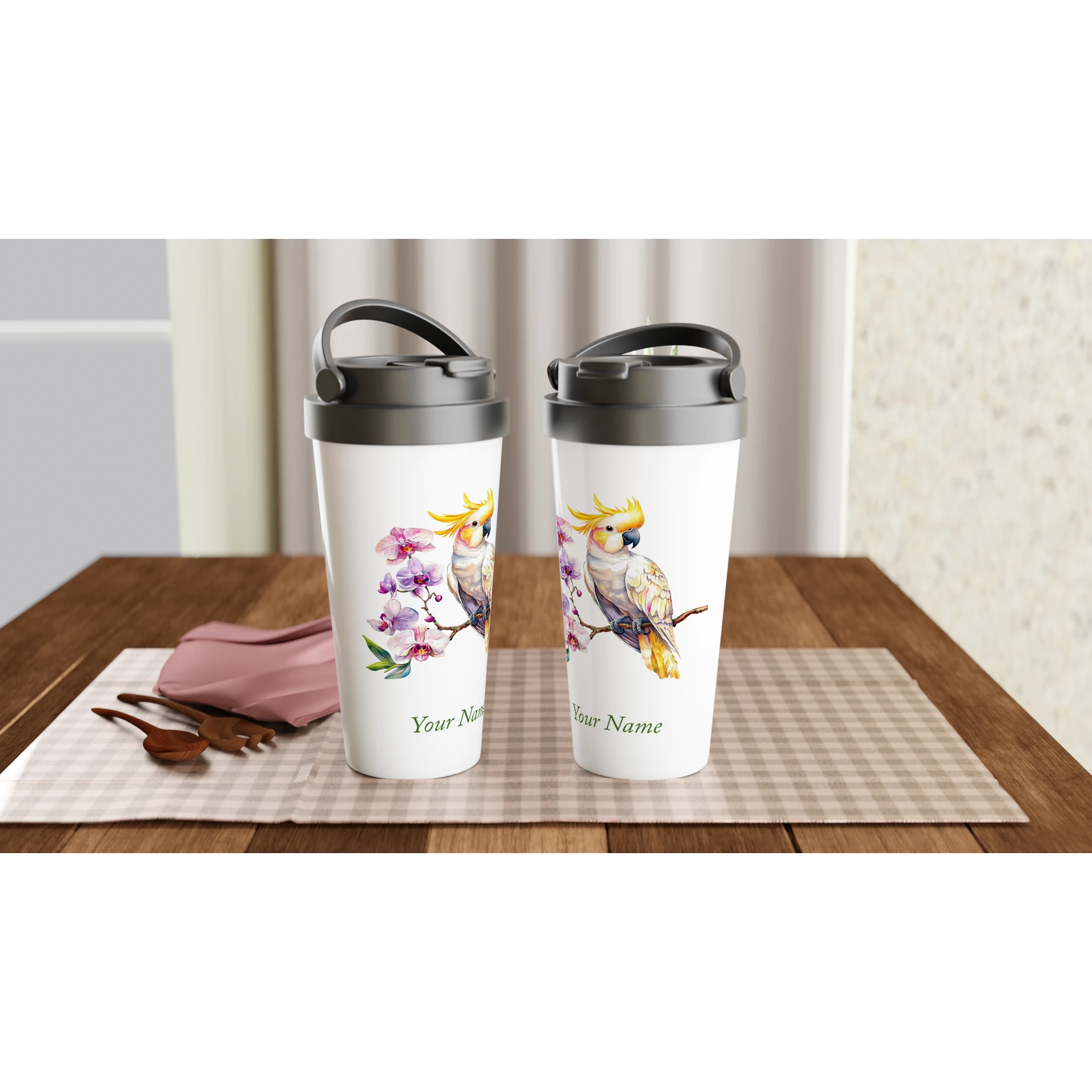 Personalise - Cockatoo, Australian Birds - White 15oz Stainless Steel Travel Mug Personalised Travel Mug animal Globally Fulfilled